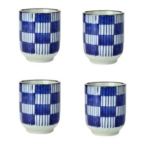 4Pcs Japanese Style Blue White Blocks Ceramic Teacups Small Straight Wine Cups 150ML