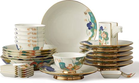 Auratic Bliss 31-Piece Premium Porcelain Dinnerware Set, Bowls, Plates, Dishes, Spoons, Spoon box, Service for 6