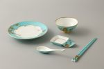 Auratic 6-Piece Chinese Dinnerware Set, Plate, Bowl, Sauce Dish, Spoon, Chopsticks, China Painted Ceramic Tableware Set(Lake Blue, Peony)