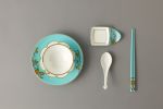 Auratic 6-Piece Chinese Dinnerware Set, Plate, Bowl, Sauce Dish, Spoon, Chopsticks, China Painted Ceramic Tableware Set(Lake Blue, Peony)